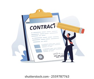 Contracts illustration set. Characters signing legal document, electronic contract or agreement online. People reading and signing contract terms and conditions. Vector illustration.