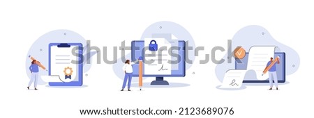 Contracts illustration set. Characters signing legal document, electronic contract or agreement online. People reading and signing contract terms and conditions. Vector illustration.