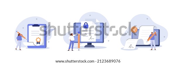Contracts
illustration set. Characters signing legal document, electronic
contract or agreement online. People reading and signing contract
terms and conditions. Vector
illustration.