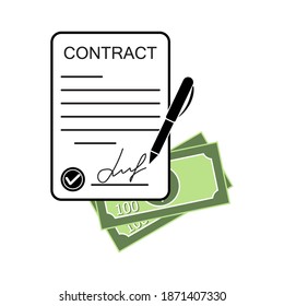 Contractual agreement, money transaction. Legal document signed and stamped. Memorandum of understanding. Vector illustration.