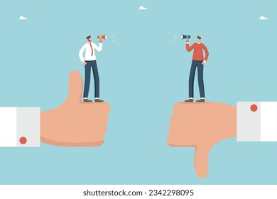 Contradictions in decision making, pros and cons of strategy to achieve target, disagreements in the process of work, positive and negative feedback, men arguing on big hands showing like and dislike.
