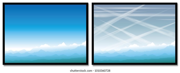 Contrails - air pollution caused by condensation trails of airplanes - one picture with clear blue sky, and one in comparison with many flying airplanes that promotes global warming.