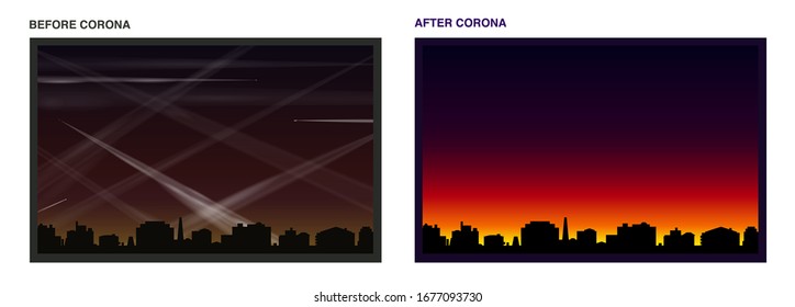 Contrails before and after coronavirus - air and light pollution caused by many condensation trails of airplanes - polluted atmosphere and beautiful morning or evening mood.
