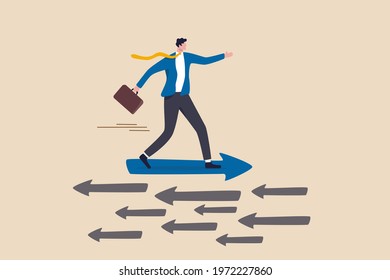 Contrary investment, be different in opposite direction concept, businessman riding arrow in different direction or other people or mainstream.