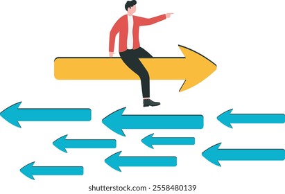 Contrary investment, be different in opposite direction concept, businessman riding arrow in different direction or other people or mainstream.
