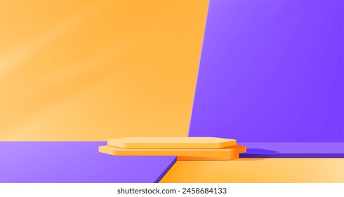 Contrast 3d podium stage, vector background with realistic orange and purple pedestal for product showcase and presentation. Contrasting colors scene mockup. Abstract geometric platform, promo display