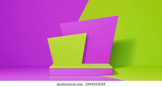 Contrast 3d product podium. Realistic 3d vector studio background with stage or pedestal in contrasting purple and green colors of wall and floor. Minimal geometric platform for presentation display