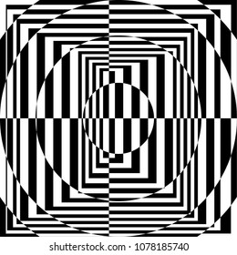 The Contrast Abstract Black and White Geometric Pattern with Stripes and Circles. A Optical Psychedelic Illusion. A Wicker Structural Texture. Vector Illustration