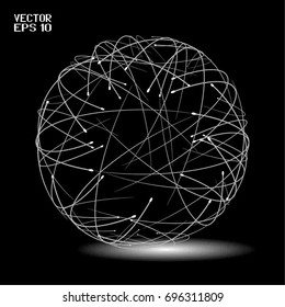 Contrast Abstract Black and White Geometric Pattern with Silhouette of a Sphere. Optical Psychedelic Illusion. Technological Wicker Structural Texture. Print in a Flat Style. Vector. 3D Illustration