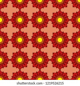 Contrast abstract pattern consists of decorative mandala in red, yellow and orange hues on the mute pink background, seamless vector as a fabric texture