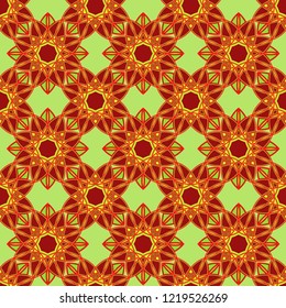 Contrast abstract pattern consists of decorative mandala in red and green hues on the mute background, seamless vector as a fabric texture