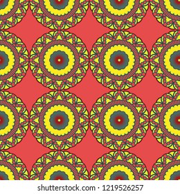 Contrast abstract pattern with decorative mandala in red, yellow and turquoise hues on the mute pink background, seamless vector as a fabric texture