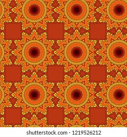 Contrast abstract seamless pattern consists of repeating decorative mandala in red, yellow and orange hues on the mute background, vector as a fabric texture