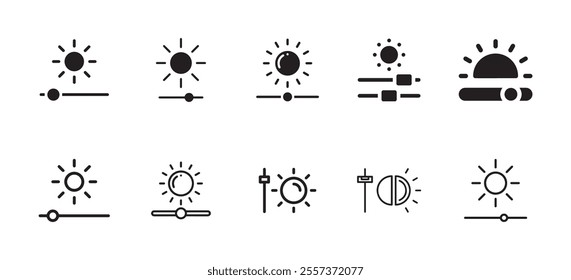 Contrast adjustment on screen . Set of brightness control icon .Brightness sun illustration. Vector icons . 10 eps