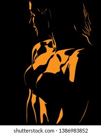 Contrast Beautiful girl face and body with bikini.  Silhouette in backlight. Vector. Illustration.