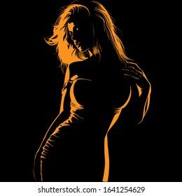 Contrast Beautiful girl face and body with fitting dress. Silhouette in backlight. Vector. Illustration.