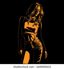 Contrast Beautiful girl face and body with jeans and a crop top. Silhouette in backlight. Vector. Illustration.