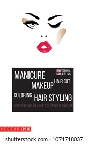 Contrast beautiful woman face with text label: manicure makeup hair styling. Fashion banner for makeup salon, beauty store. Promo background for makeup artist, beauty stylist, fashion blog.