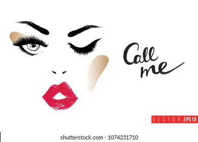 Contrast beautiful woman face with text label: call me. Fashion banner for makeup salon, beauty store. Promo background for makeup artist, beauty stylist, fashion blog. Cosmetic concept.