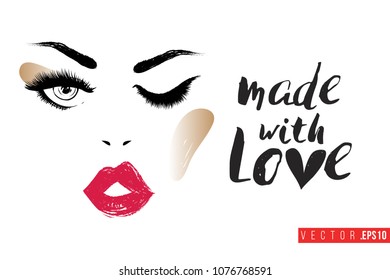 Contrast beautiful woman face with text label: made with love. Fashion banner for makeup salon, beauty store. Promo background for makeup artist, beauty stylist, fashion blog. Cosmetic concept.