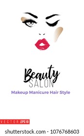 Contrast beautiful woman face with text label: beauty salon. Fashion banner for makeup salon, beauty store. Promo background for makeup artist, beauty stylist, fashion blog. Cosmetic concept.