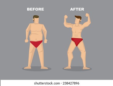 Contrast of before and after image of successful weight loss - man in red brief with fat beer belly transformed into a confident muscular man. Vector illustration isolated on  grey background.