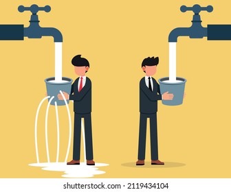 Contrast between business. Businessman and leaking bucket. Business Vector illustration.