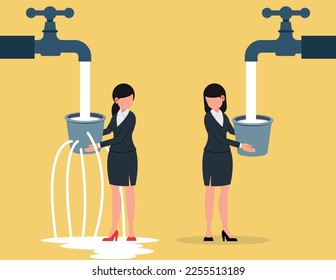 Contrast between business. Business woman and leaking bucket.