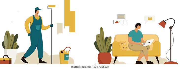 Contrast between home renovation and remote work in modern lifestyle