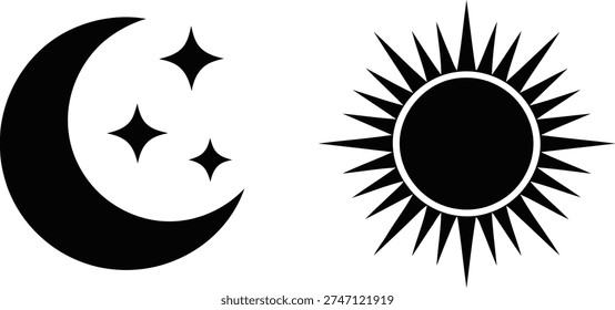Contrast between lunar crescent and solar radiance in monochrome design Vector