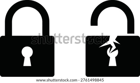 Contrast between a secure lock and a broken lock symbolizing security and vulnerability Vector