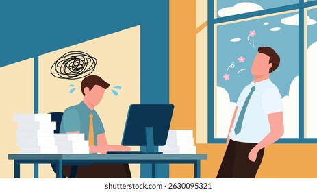 O contraste entre um funcionário estressado e sobrecarregado soterrado sob a papelada e um colega descontraído desfrutando de uma folga na janela. Carreiras saúde psicológica, estresse ocupacional.