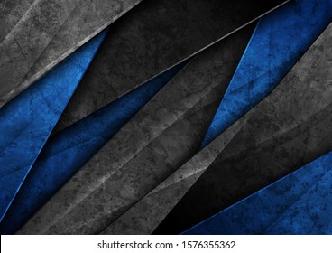 Contrast black and blue glossy stripes. Abstract grunge tech graphic design. Old wall concrete texture. Vector corporate background