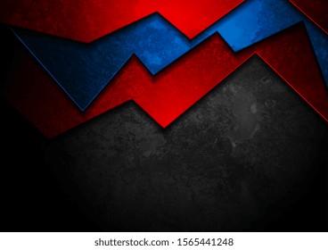Contrast black and blue red geometric shapes. Abstract grunge tech graphic design. Old wall concrete texture. Vector corporate background