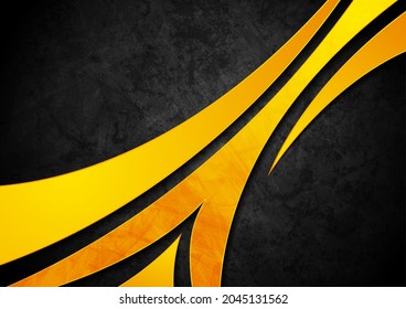Contrast black and orange waves abstract corporate background with grunge texture. Vector design template