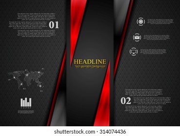 Contrast black red tech presentation brochure. Vector corporate background