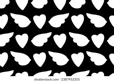Contrast black and white colors. Romantic heart and wing. Angel love. St. Valentine's Day stylish seamless vector pattern for design and decoration.
