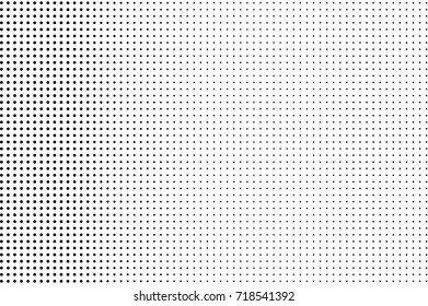 Contrast black and white dotted halftone vector background. Halftone pattern. Black dot ornament. Horizontal dotted print. Vintage halftone gradient. Pop art dotted texture. Halftone banner template