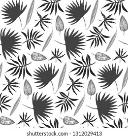 Contrast black and white seamless pattern with hand drawn inky tropical leaves. Monochrome chinese ink exotic floral elements texture for textile, wrapping paper, cover, surface, wallpaper