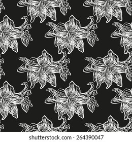 Contrast black and white seamless pattern of lilies on a black background. Vector eps 10.
