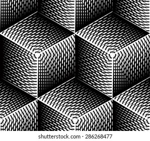 Contrast black and white symmetric seamless pattern with interweave figures. Continuous geometric composition, for use in graphic design.