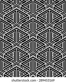 Contrast black and white symmetric seamless pattern with interweave figures. Continuous geometric composition, for use in graphic design.