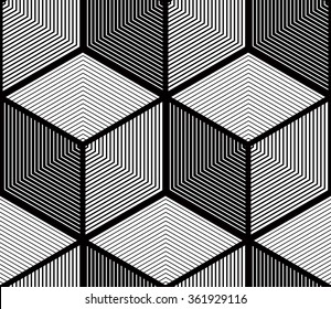 Contrast black and white symmetric seamless pattern with interweave figures. Continuous geometric wallpaper, for use in graphic design.