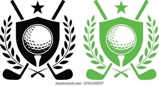 Contrast of black and white versus green and white golf emblems with golf balls and clubs