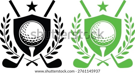Contrast of black and white versus green and white golf emblems with golf balls and clubs