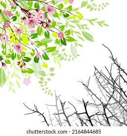 Contrast. Blooming garden and prickly. Vector illustration