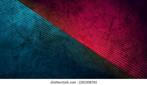 Contrast blue purple grunge texture background with abstract golden lines. Retro vector design