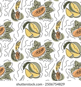 Contrast bold seamless pattern with contour drawing of organic tropic fruits. Botanical drawings. Vegan food concept isolated on white background in boho style