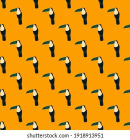 Contrast bright seamless animal wildlife pattern with black doodle toucan silhouettes. Orange background. Flat vector print for textile, fabric, giftwrap, wallpapers. Endless illustration.