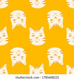 Contrast bright seamless cat pattern. Bright yellow background with white faces animals elements. Decorative backdrop for wallpaper, wrapping paper, textile print, fabric. Vector illustration.